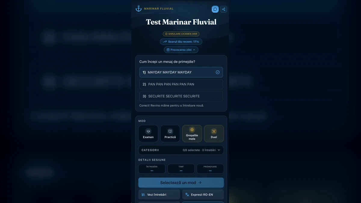 Aplicația Marinar Fluvial – teste, întrebări și statistici pentru examenul ANR Aplicația Marinar Fluvial – teste, întrebări și statistici pentru examenul ANR